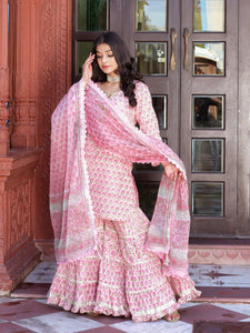 Divena Pink Floral Hand Block Printed Kurta Sharara Set with Dupatta - divena world