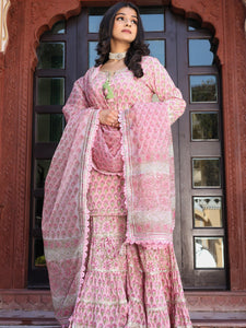 Divena Pink Floral Hand Block Printed Kurta Sharara Set with Dupatta - divena world