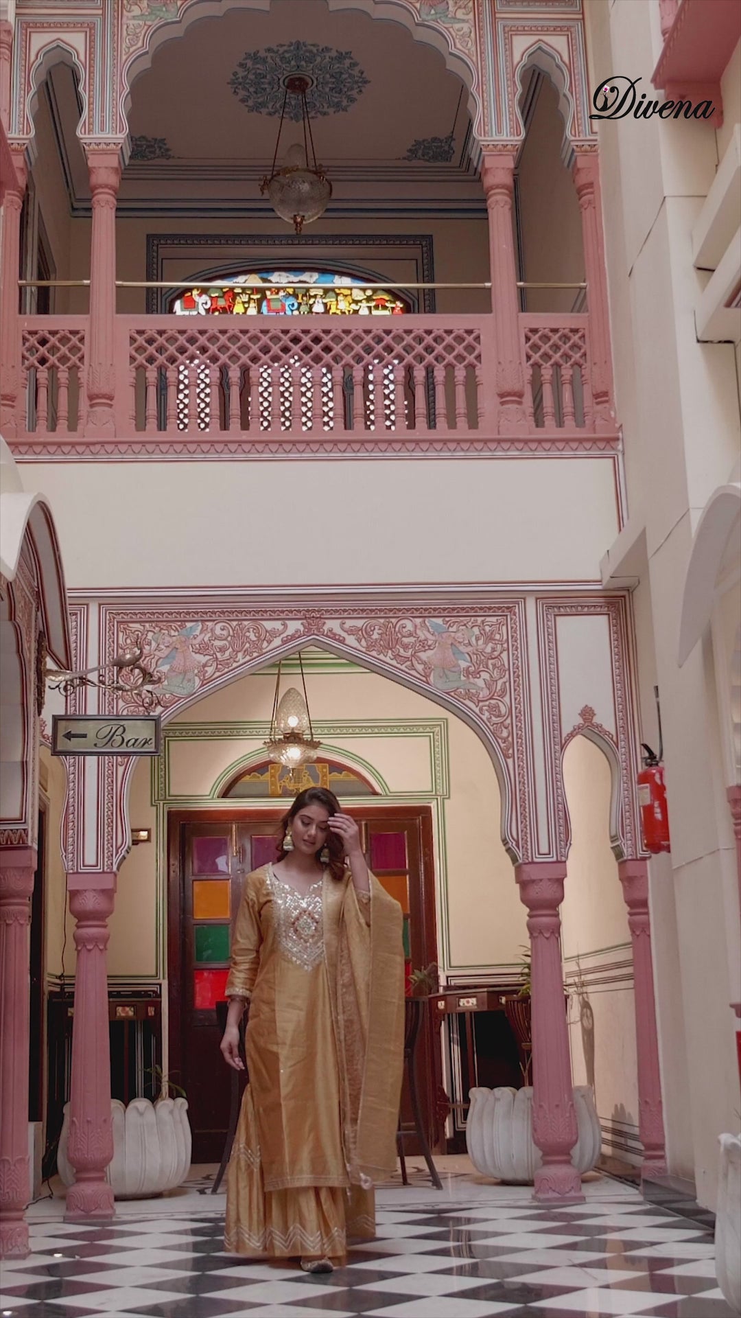 Divena Yellow Gold Embroidered Chenderi Kurta Sharara Set with Dupatta
