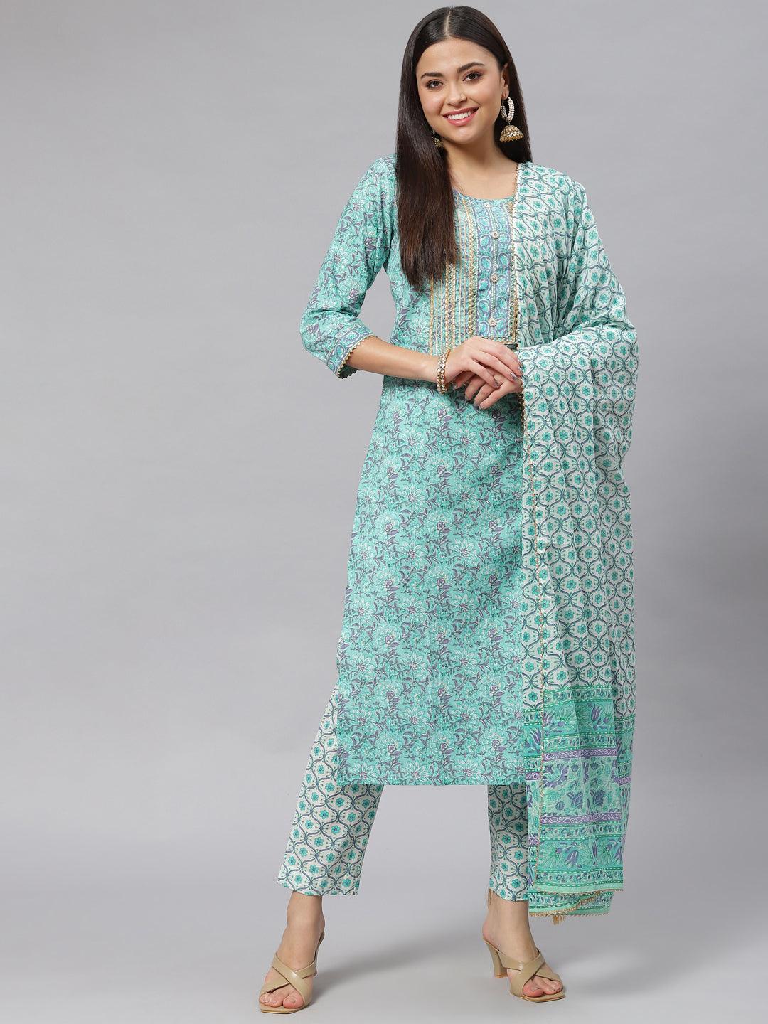 Seagreen Cotton kurta Pant set with Dupatta — view 1