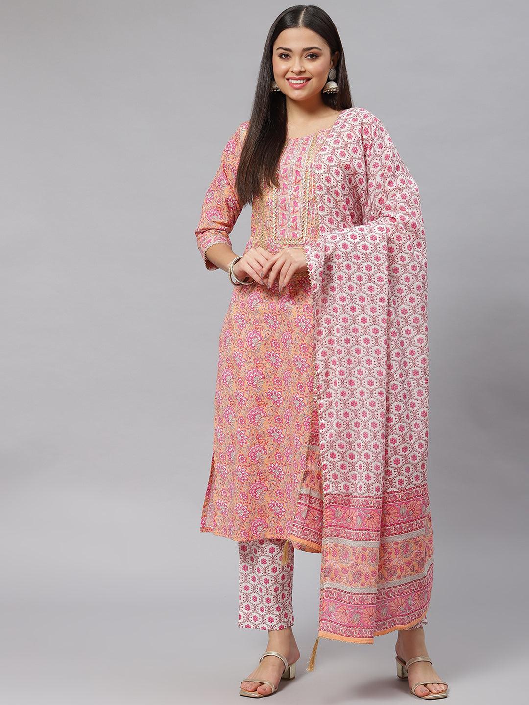 Pink Cotton kurta Pant set with Dupatta — view 1