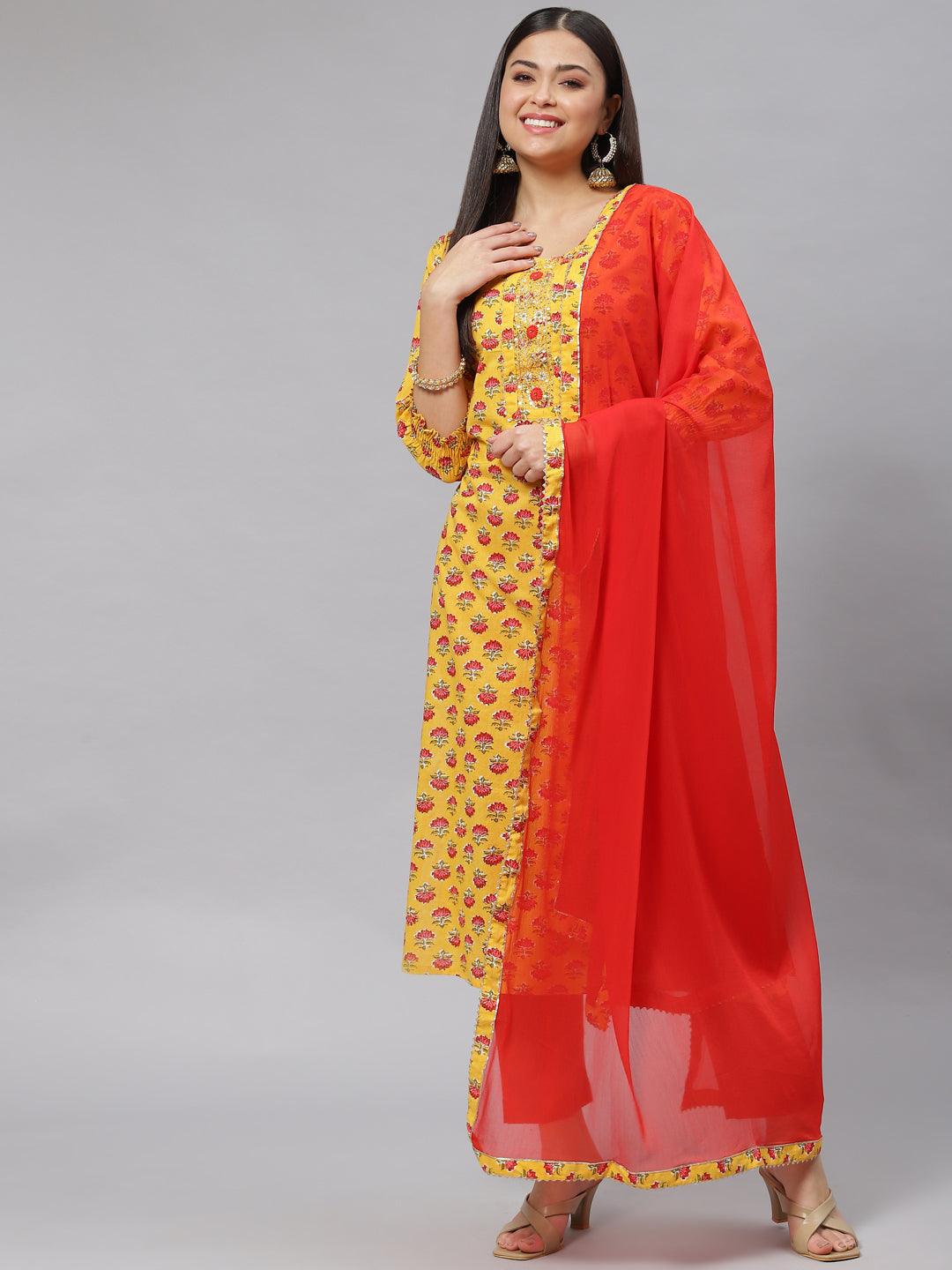 Divena Yellow Floral Cotton Kurta Pant Set with Dupatta - divena world