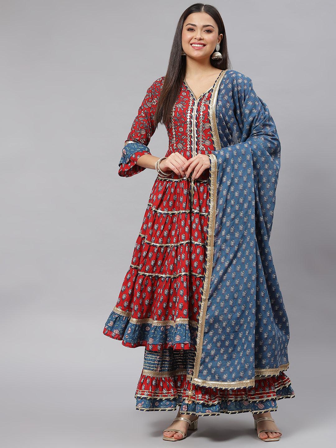 Maroon & Blue Anarkali Kurta Sharara Set with Dupatta — view 1