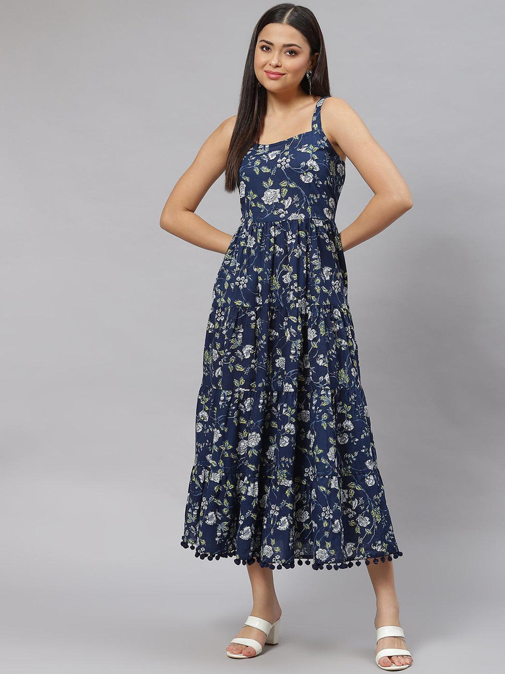 Divena Blue Floral Shoulder Strip Long Dress – divena world