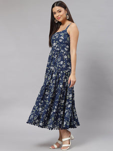 Divena Blue Floral Shoulder Strip Long Dress - divena world