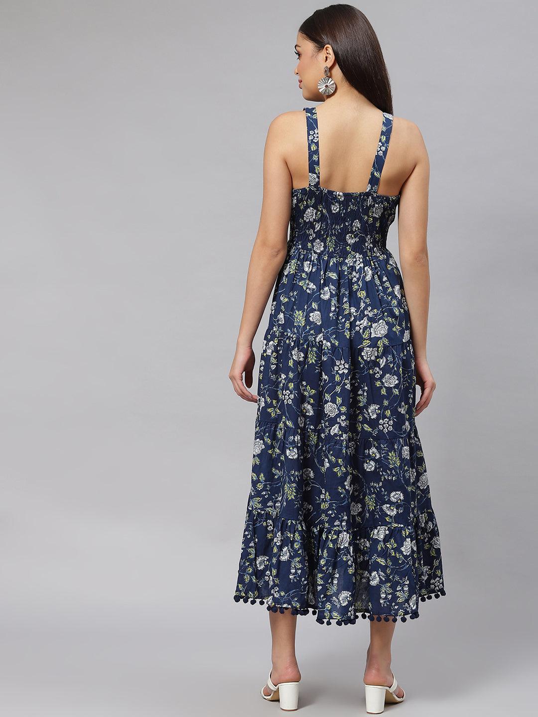 Divena Blue Floral Shoulder Strip Long Dress divena world Divena Blue Floral Shoulder Strip Long Dress divena world