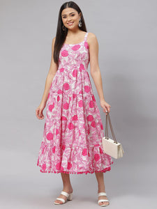 Divena white & Pink Floral Shoulder Strip Long Dress - divena world
