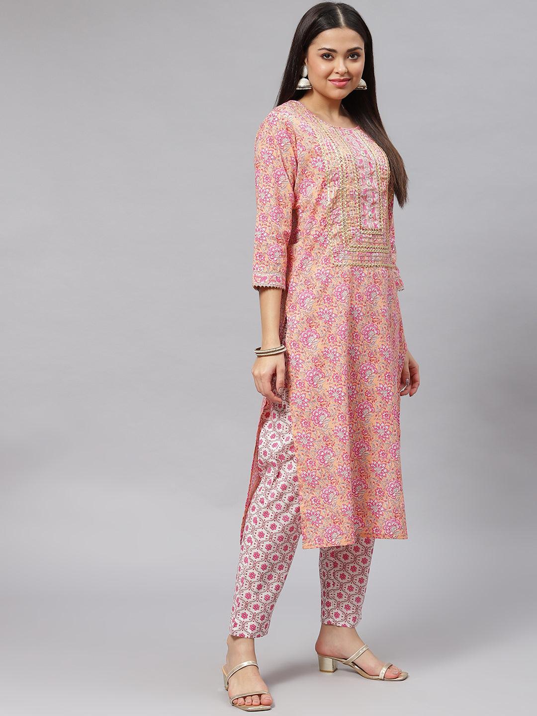 Divena Pink Cotton kurta Pant set with Dupatta - divena world