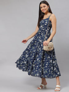 Divena Blue Floral Shoulder Strip Long Dress - divena world