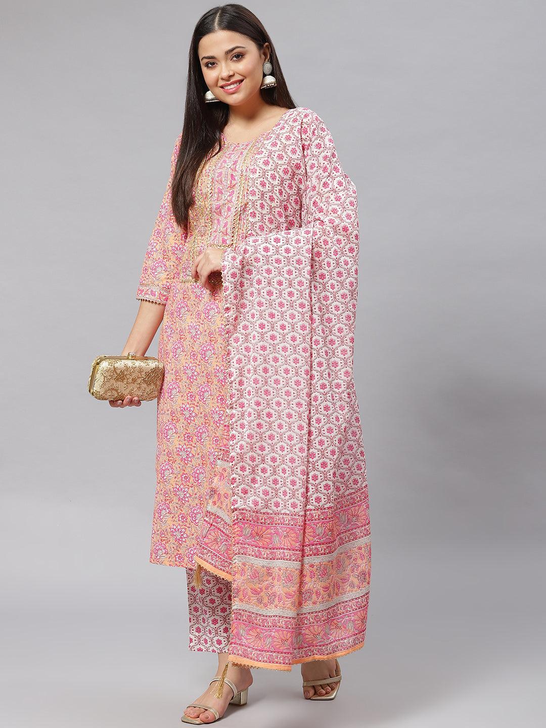 Divena Pink Cotton kurta Pant set with Dupatta - divena world