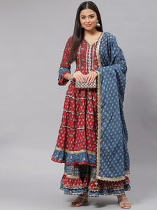 Divena Maroon & Blue Anarkali Kurta Sharara Set with Dupatta - divena world