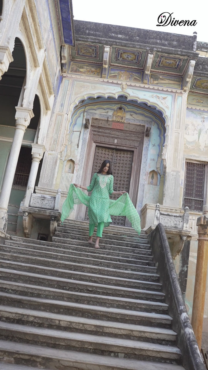 Divena Green Chanderi Kurta Cotton pant set With Chiffon leheriya Dupatta