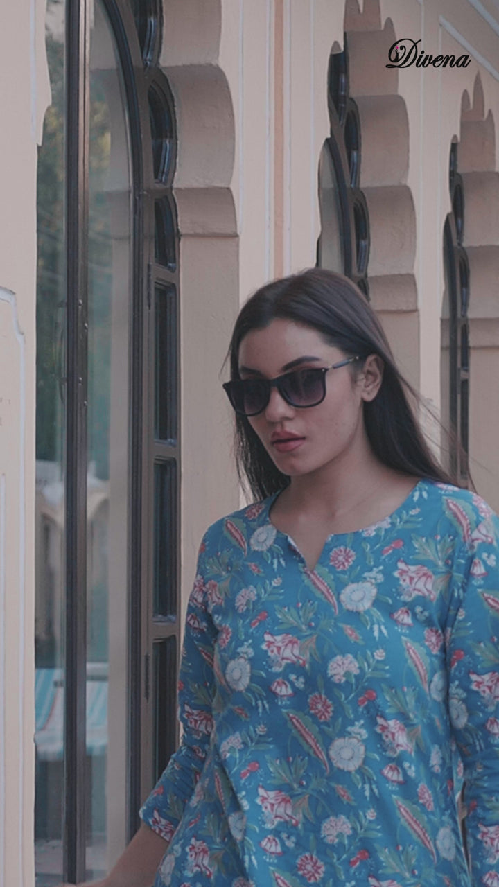 Divena Blue Printed Cotton Night suit