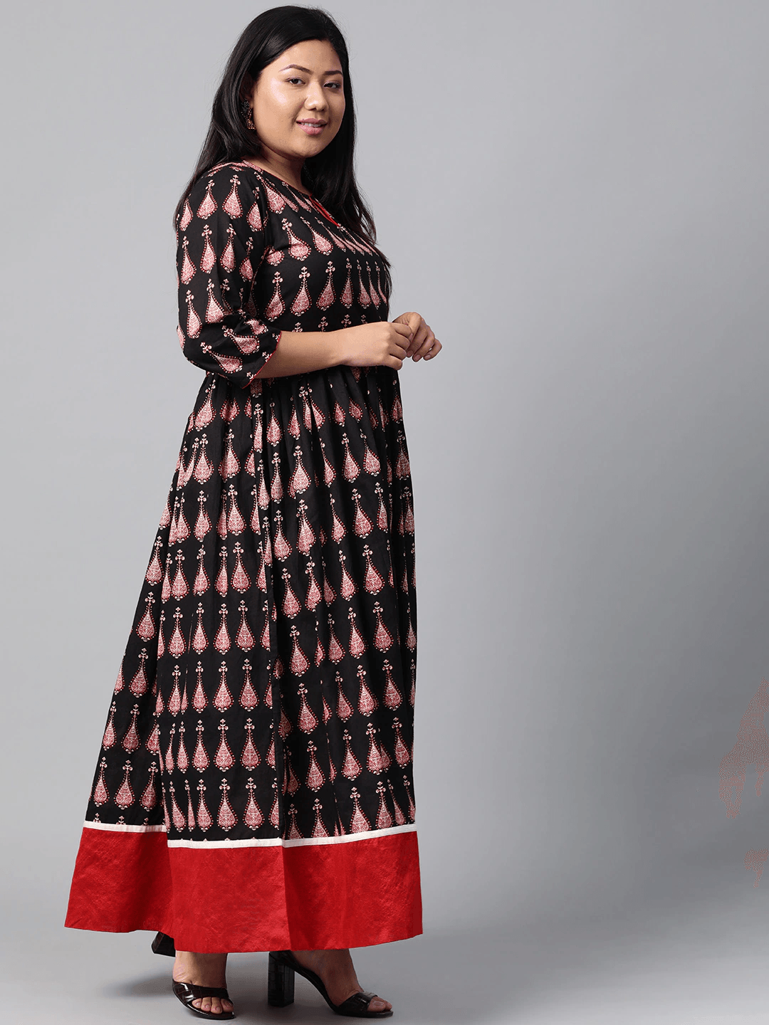 Plus Size Black Printed Cotton Floor Length Anarkali Kurta - divena world