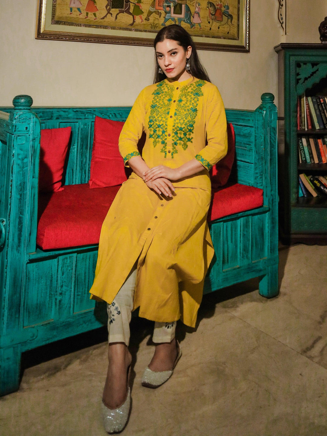 Women's Yellow Regular A-Line Calf Long Kurta — view 1