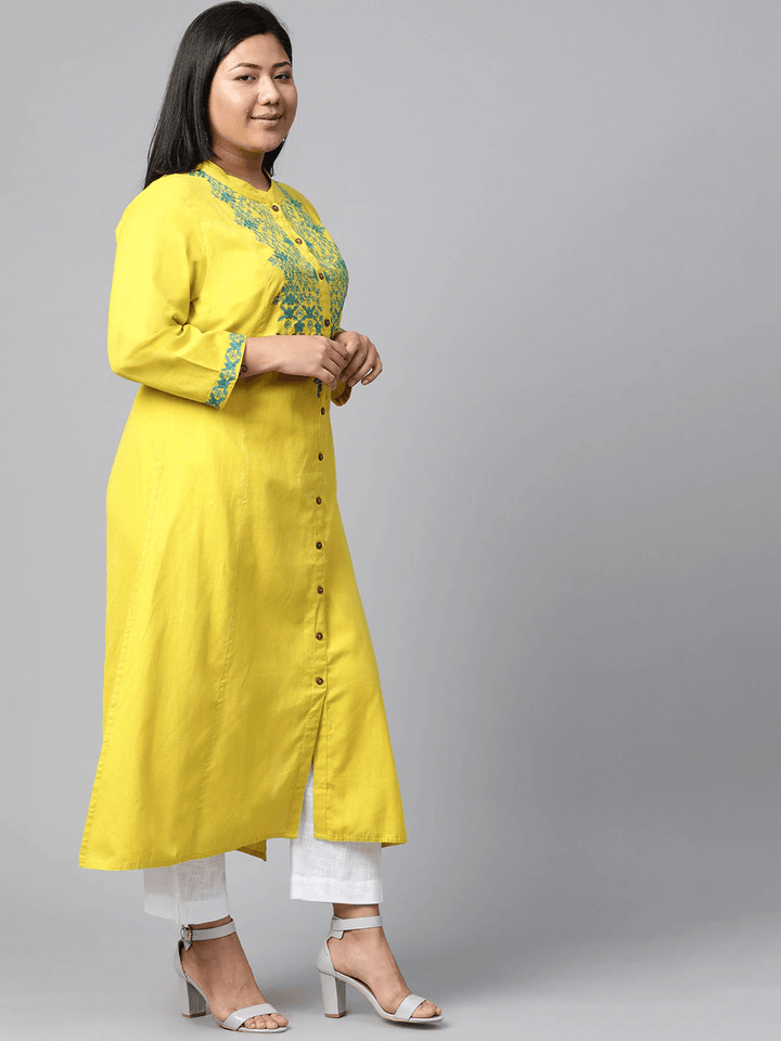 Plus Size Women's Yellow Regular A-Line Calf Long Kurta - divena world