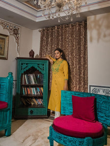 Divena Women's Yellow Regular A-Line Calf Long Kurta - divenaworld.com