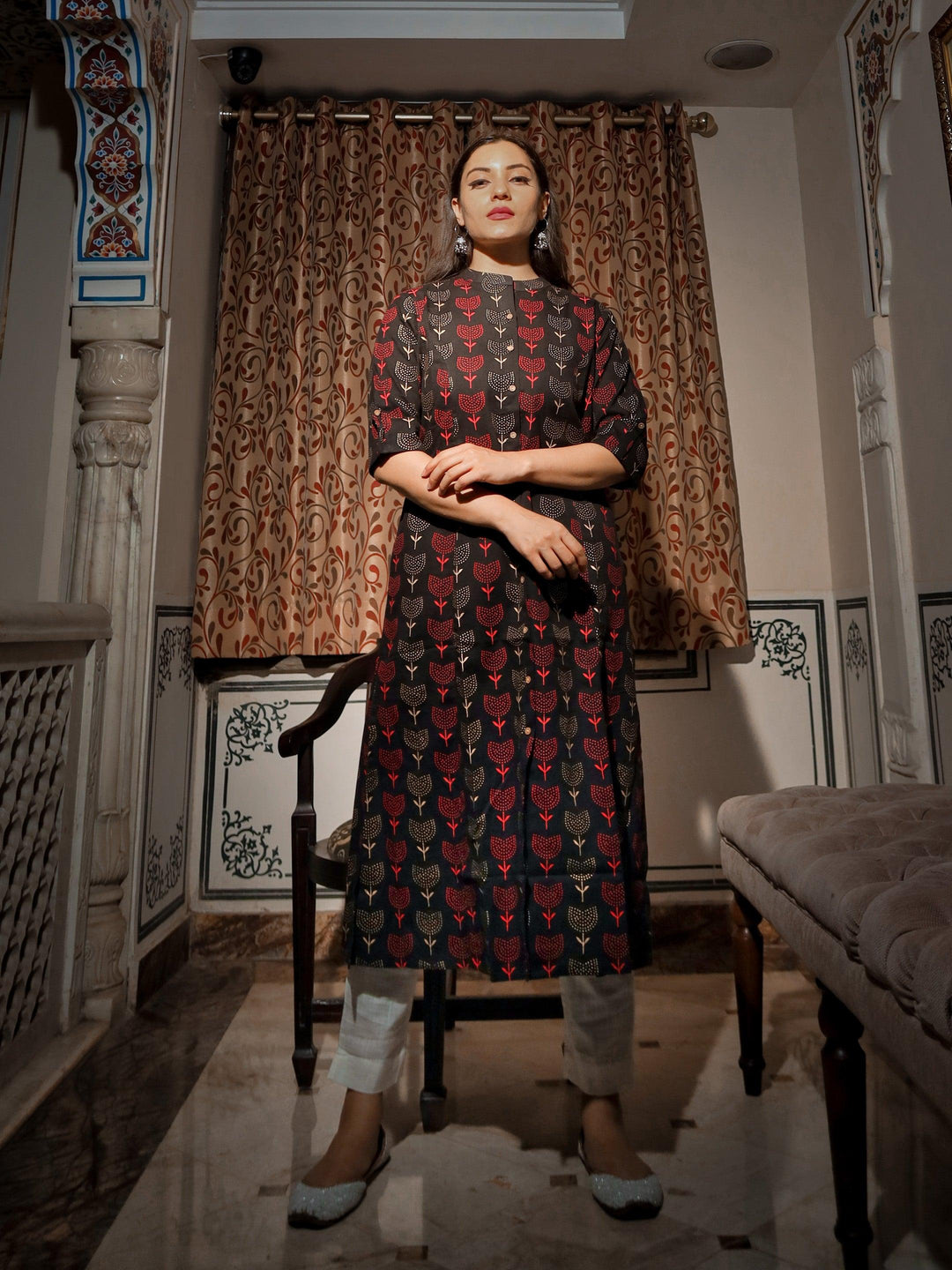 Black Cotton Flex A Line Kurta — view 1