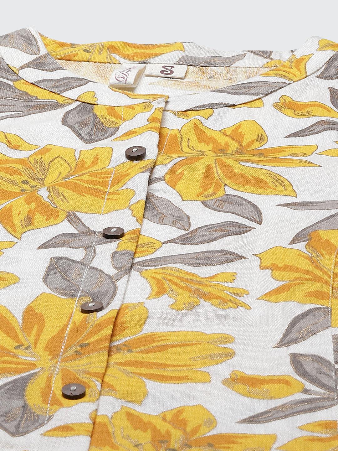 Divena Yellow Floral Print Pure Cotton A-line Kurta - divena world