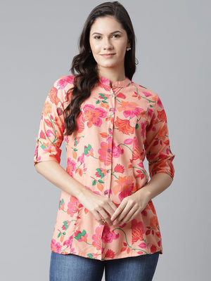 Divena Rayon Peach Floral Print Shirt Style A-Line Top