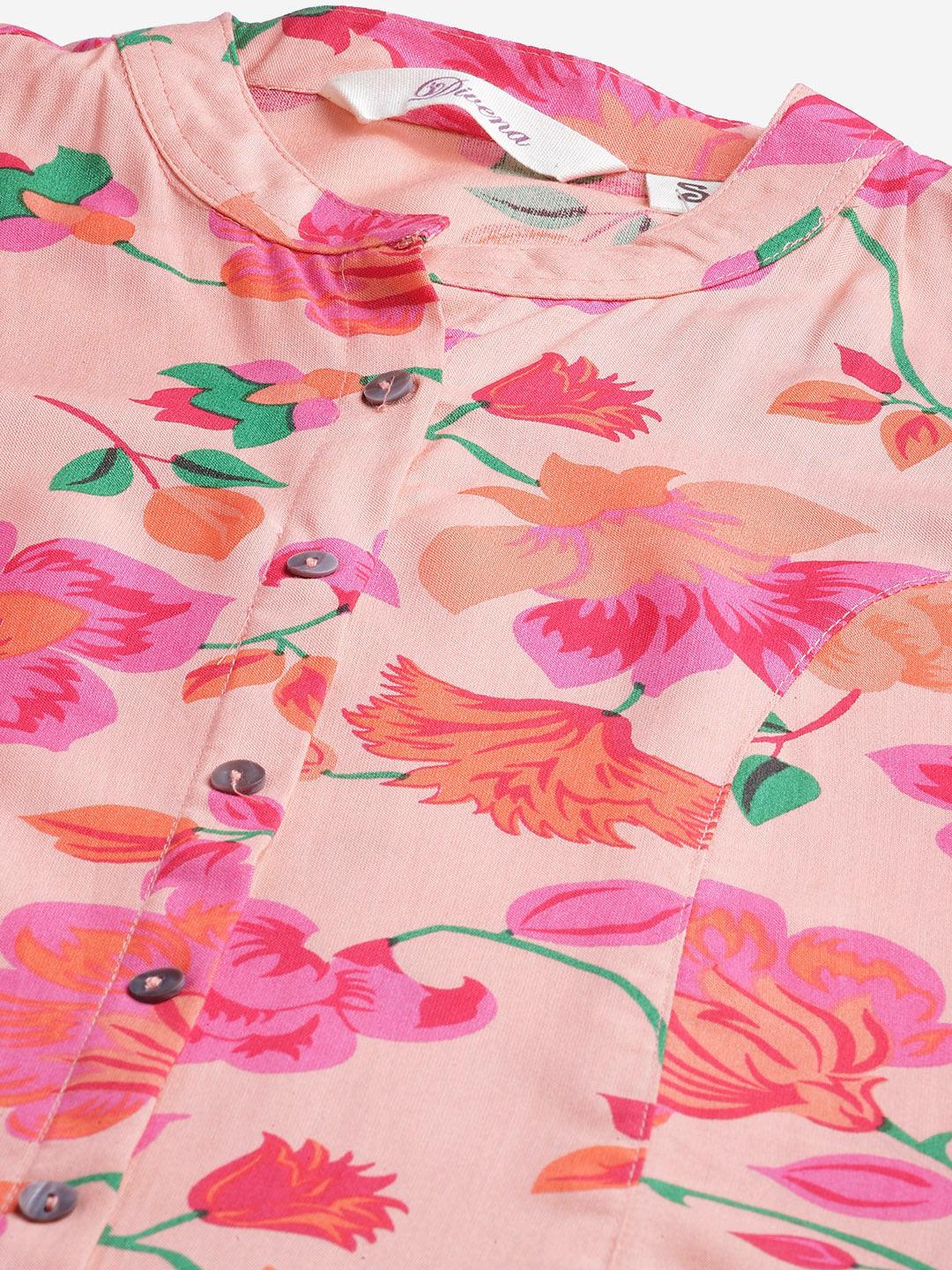 Divena Rayon Peach Floral Print Shirt Style A-Line Top - divena world