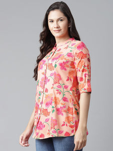 Divena Rayon Peach Floral Print Shirt Style A-Line Top - divena world