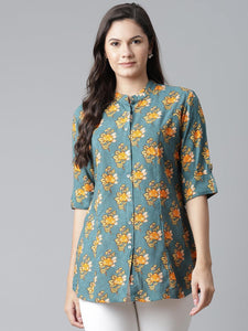Divena Sea Green Rayon Printed Shirt Style A-line Top - divena world