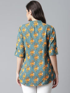 Divena Sea Green Rayon Printed Shirt Style A-line Top - divena world