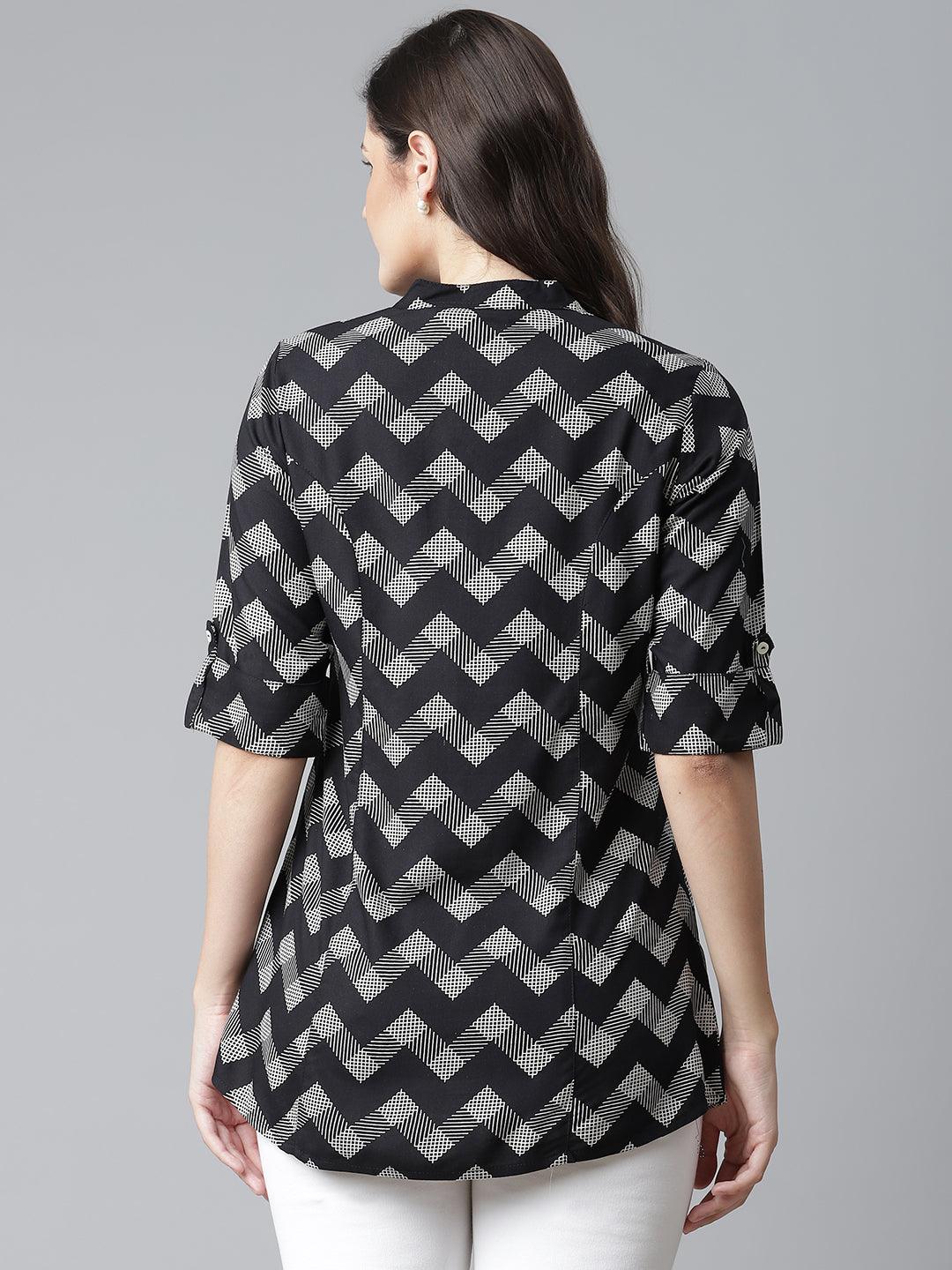 Divena Black Rayon Zigzag Print Shirts Style Top - divena world