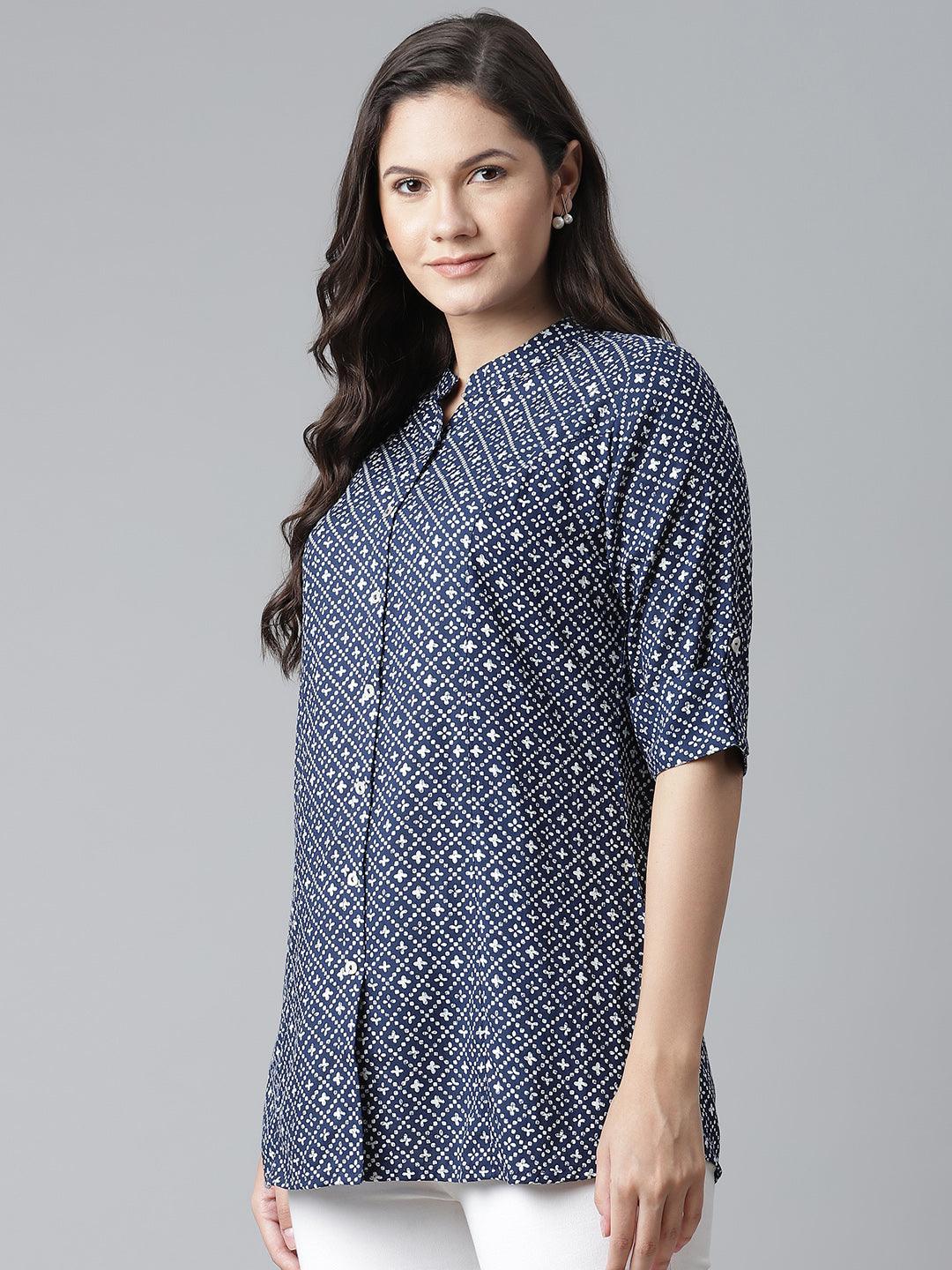 Divena Blue Rayon Printed Shirt Style Top - divena world