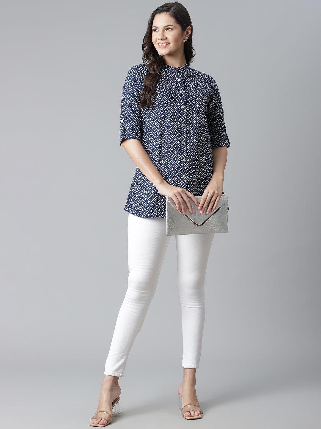Divena Blue Rayon Printed Shirt Style Top - divena world
