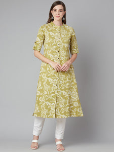 Divena Pastel Green Cotton Flex A-line Kurta - divena world