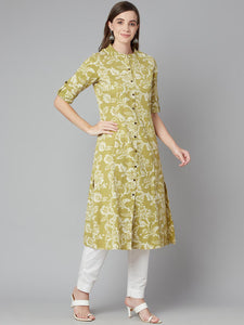 Divena Pastel Green Cotton Flex A-line Kurta - divena world