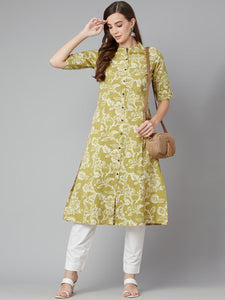 Divena Pastel Green Cotton Flex A-line Kurta - divena world