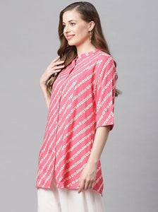 Divena Pink Bandhani Rayon A-line Shirt Style Top - divena world