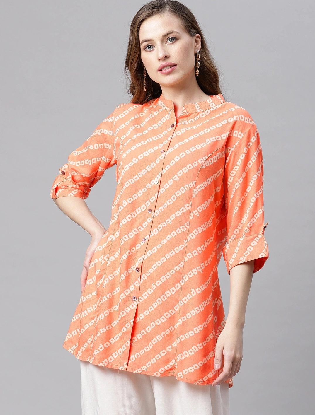 Divena Orange Bandhani Rayon A-line Shirt Style Top - divena world