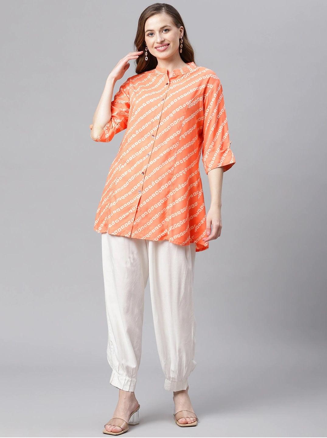 Divena Orange Bandhani Rayon A-line Shirt Style Top - divena world