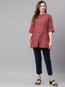 Divena Maroon Bandhani Print Shirt Style A-line Top - divena world