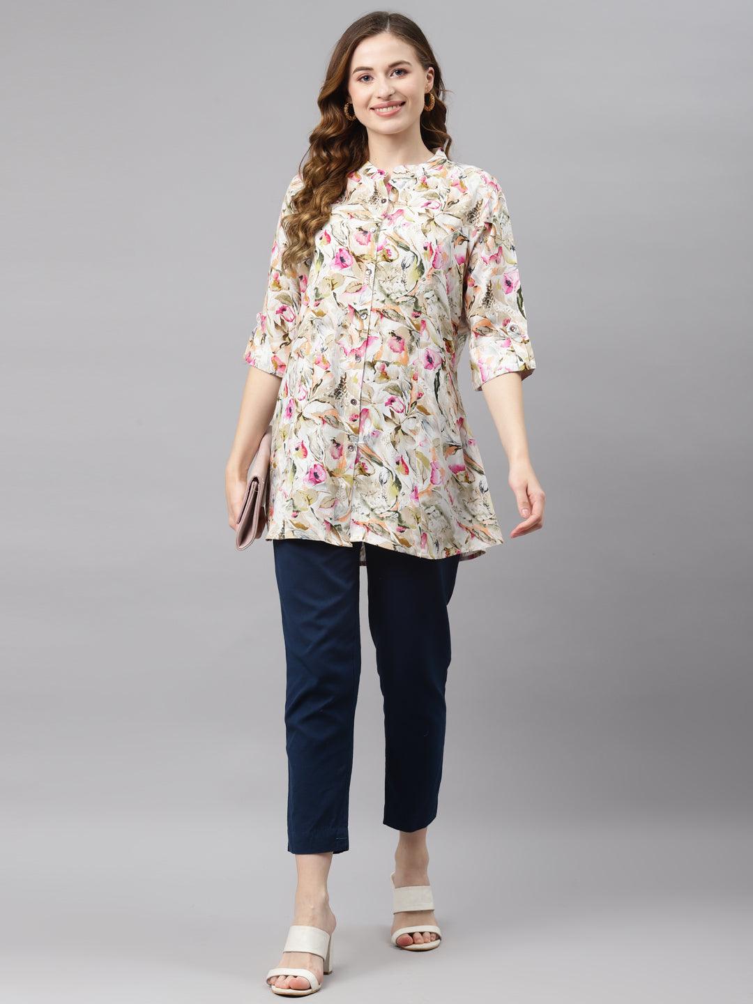 Divena Multi Floral Rayon Shirt Style A-Line Top - divena world