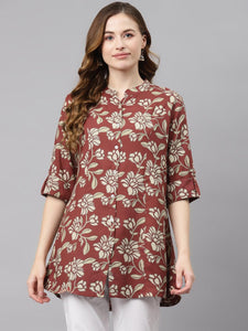 Divena Maroon Floral Rayon Shirt style A-line Top - divena world