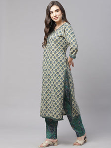 Divena Green Cotton Straight Kurta Pant Set With Dupatta - divena world