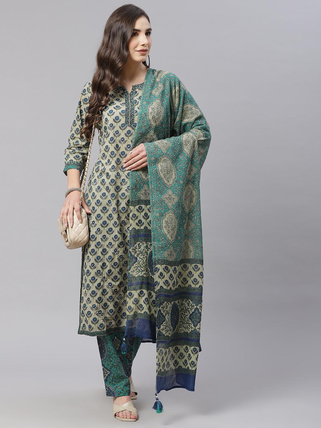 Divena Green Cotton Straight Kurta Pant Set With Dupatta - divena world