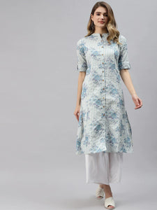 Divena Off White And Blue Floral Printed Cotton A-Line Kurta - divena world