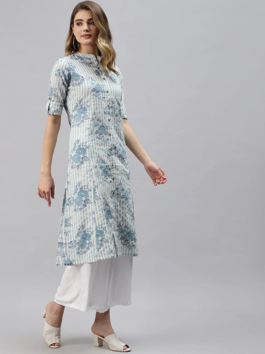 Divena Off White And Blue Floral Printed Cotton A-Line Kurta - divena world