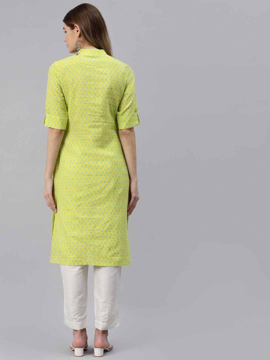 Divena Yellow And Green Cotton Straight Kurta - divena world