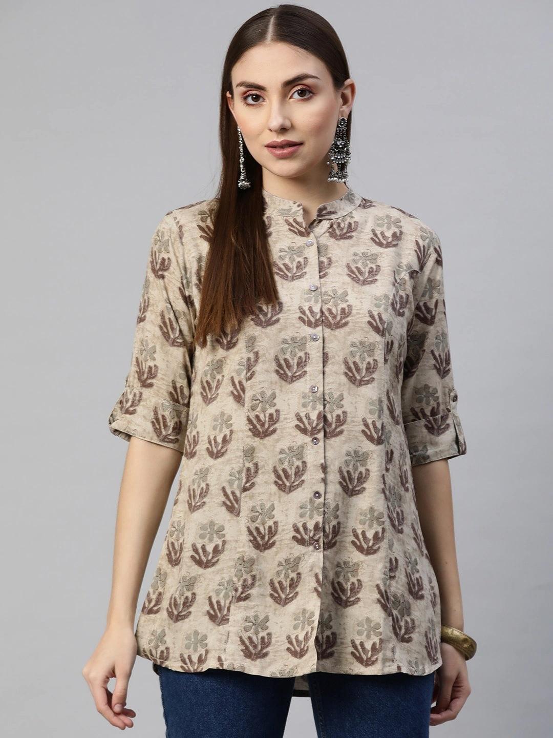 Divena Brown Floral Rayon A-Line Shirt Style Top - divena world