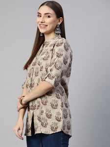 Divena Brown Floral Rayon A-Line Shirt Style Top - divena world