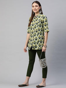Divena Green Blue Floral Rayon A-line Shirt Style Top - divena world