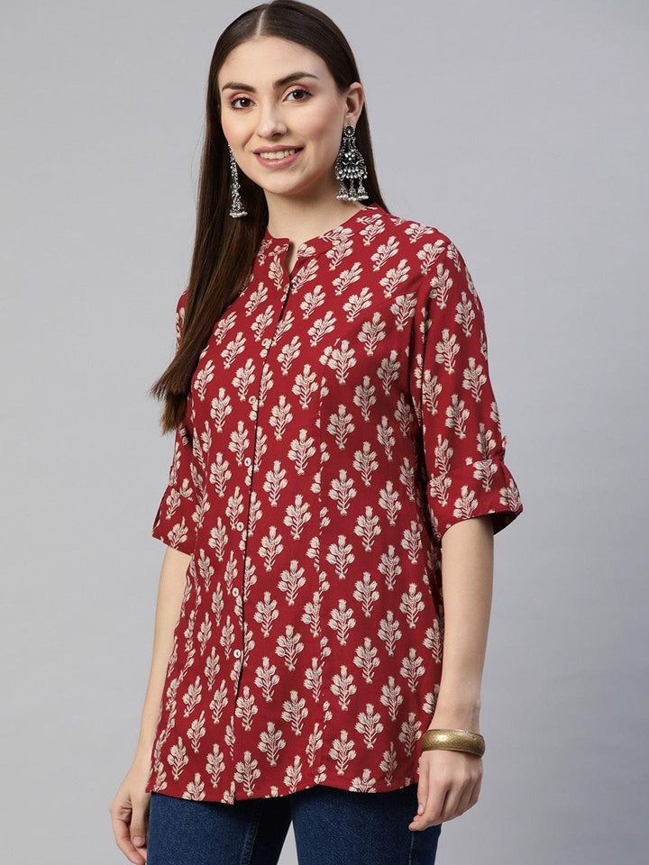 Divena Dark Maroon Floral Rayon A-line Shirts Style Top - divena world