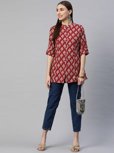 Divena Dark Maroon Floral Rayon A-line Shirts Style Top - divena world
